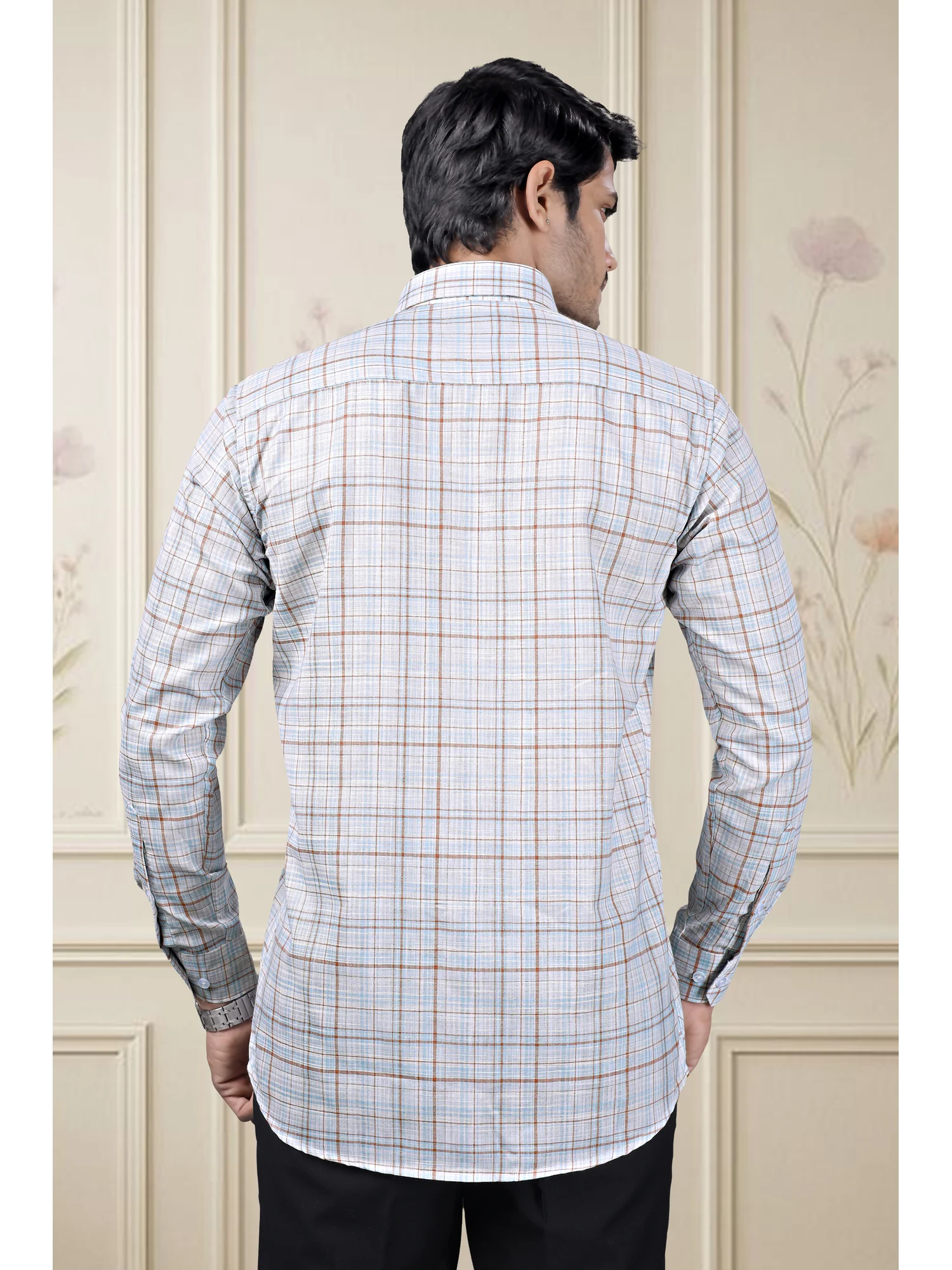 Long sleeve shirt, light blue with red and white checks, back view, worn by a model