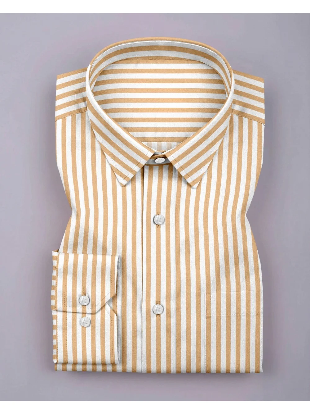 Yellow and white striped shirt, folded, collar visible, buttons, pocket with buttons