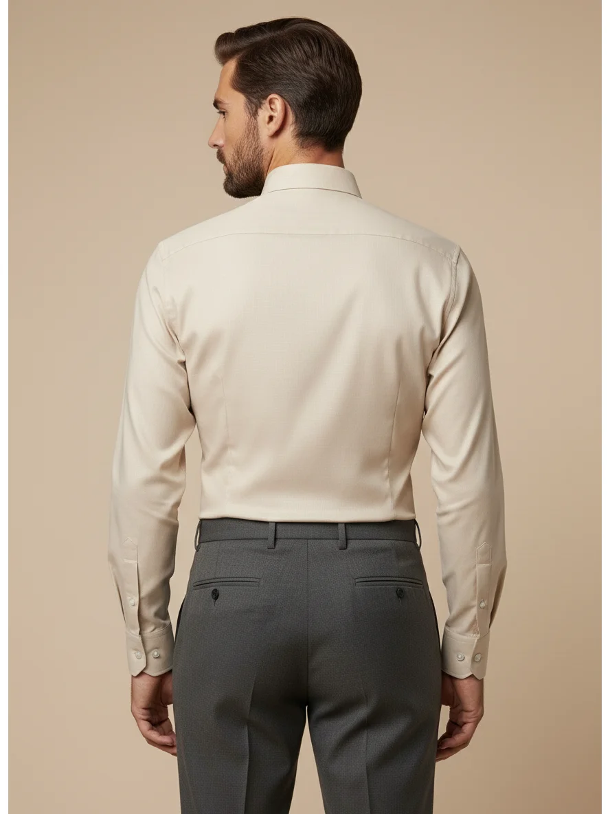 Back view of a model wearing a beige long-sleeve shirt with a collar and grey trousers