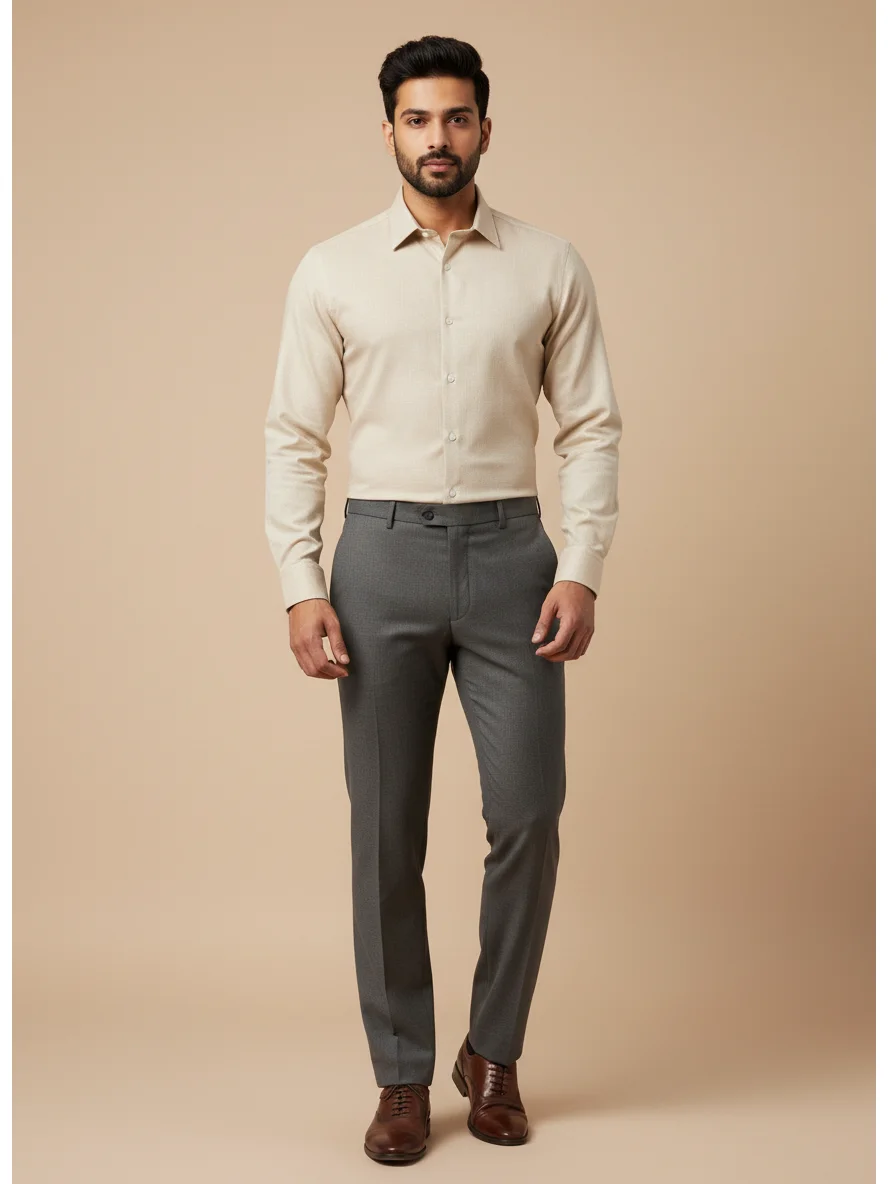Model wearing beige long-sleeve shirt with collar and grey trousers, front view