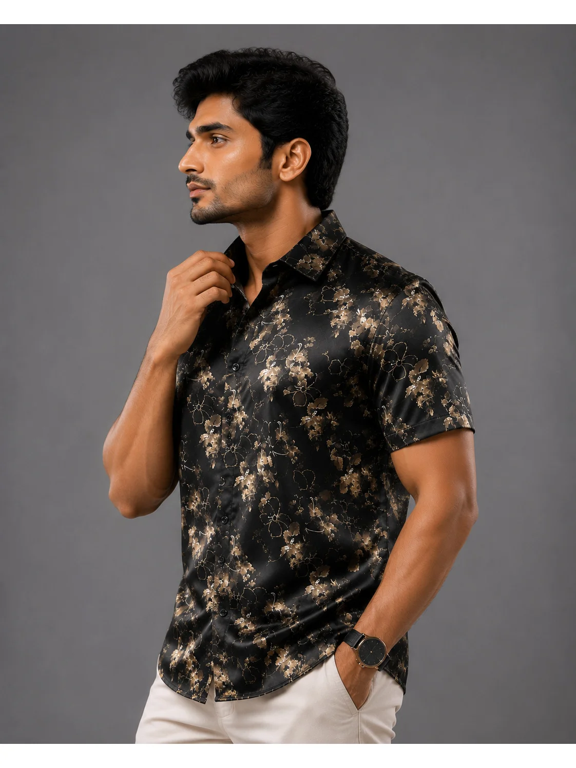 Black and beige floral print short-sleeve shirt, collar, worn by a model