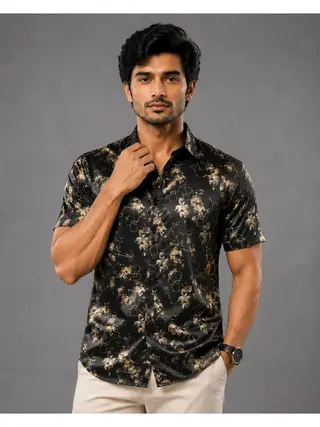 Cotton Blend Floral Print Regular Fit Shirt in Black & Beige