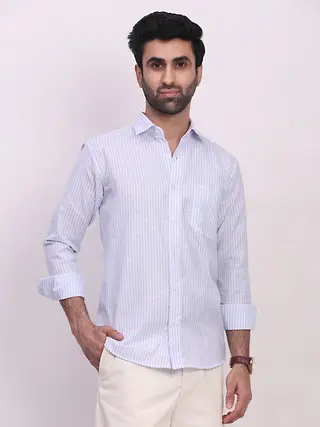 Linen Blend Striped Regular Fit Shirt in Sky Blue