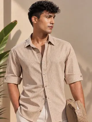 Oxford Cotton Striped Regular Fit Shirt in Orange
