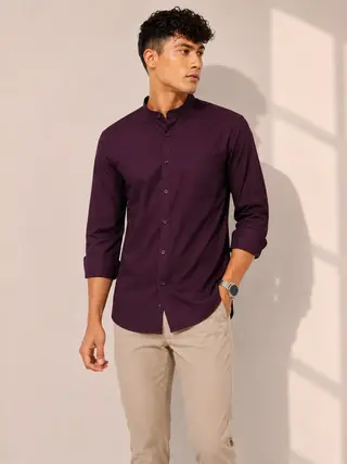 Cotton Blend Solid Regular Fit Shirt Kurta in Wine Purple