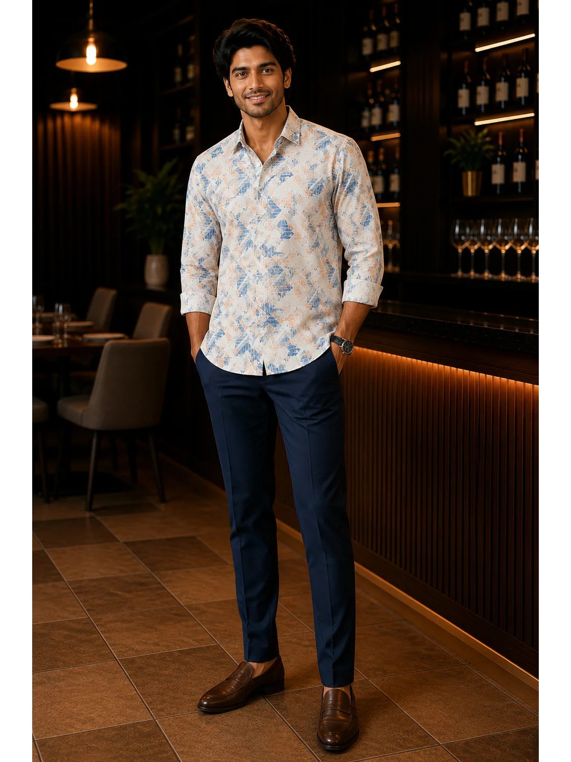 Long sleeve shirt, white with blue and orange pattern, collar, buttons, worn by a model