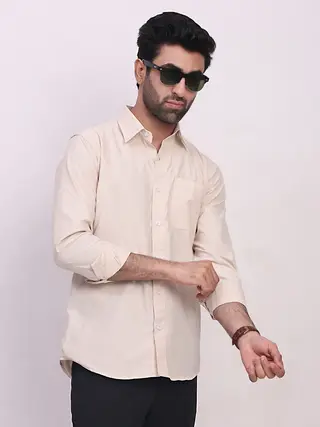 Poplin Cotton Checkered Regular Fit Shirt in Beige