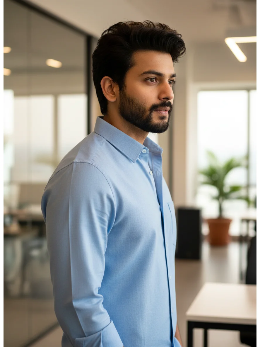 Model side view in sky blue long-sleeve shirt with collar and button placket