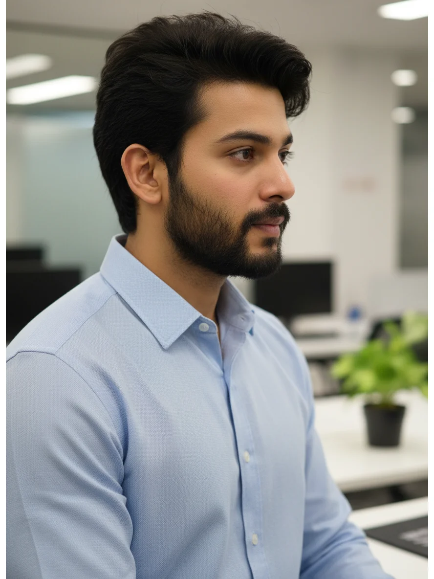 Side view of a bearded model wearing a sky blue long-sleeve shirt with a pointed collar and buttons