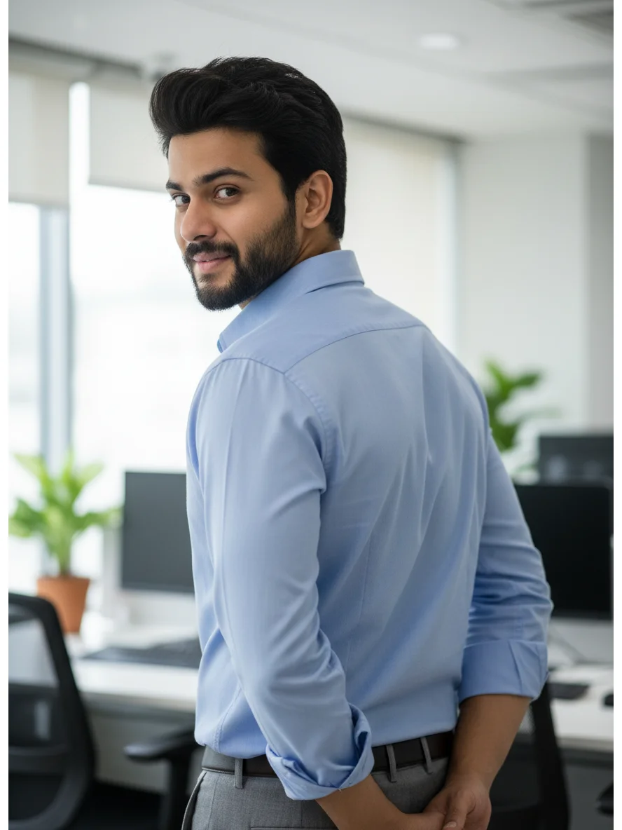Model wearing a light blue long-sleeve shirt with a collar, turned backward in an office setting