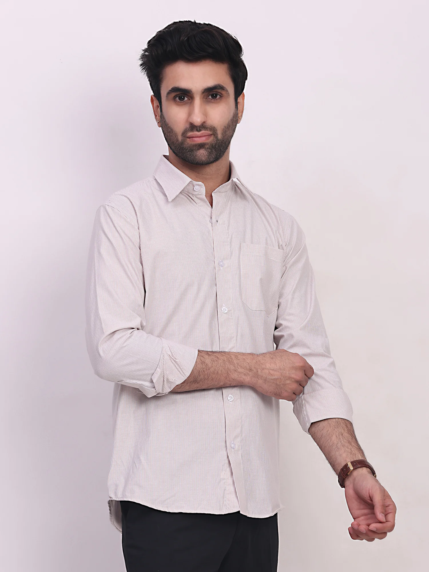 Long sleeve cream shirt, collar, buttons, cuffs, pocket, stripes, worn by model