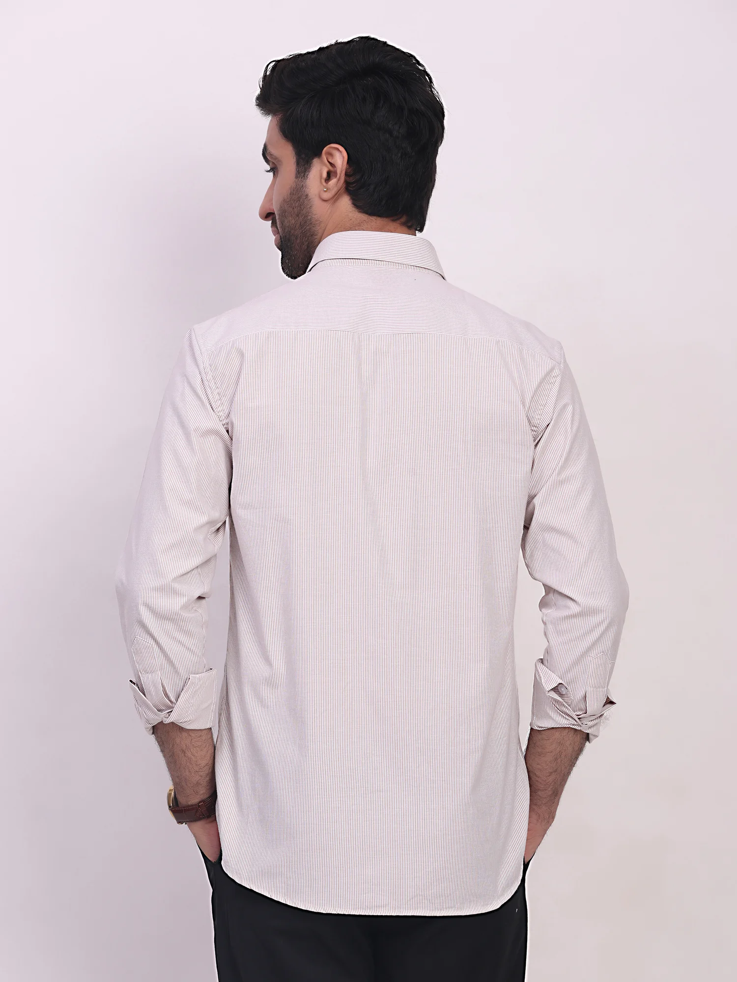 Long sleeve shirt, cream with thin stripes, back view, collar, cuffs