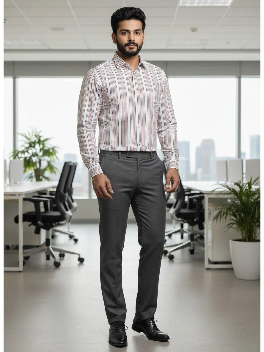Long sleeved shirt, white with red and blue stripes, collar, buttons, worn by a model