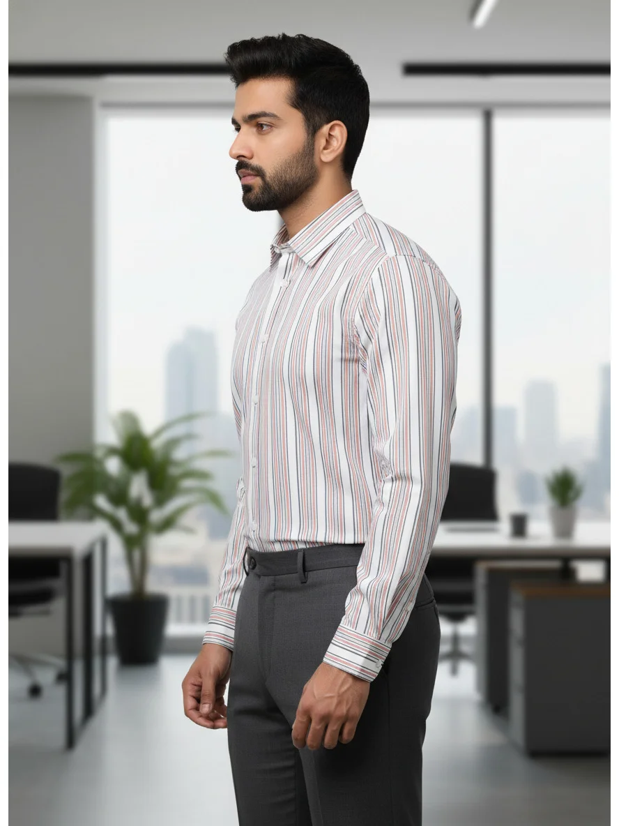 Long sleeved shirt, white with thin red and blue stripes, collar, buttoned up, worn by a model, side view