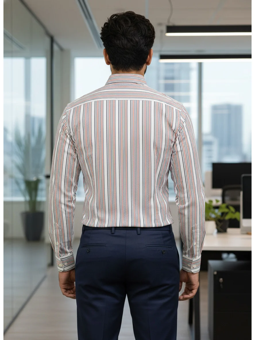 Long sleeved shirt, white with red and blue stripes, back view, worn by a model