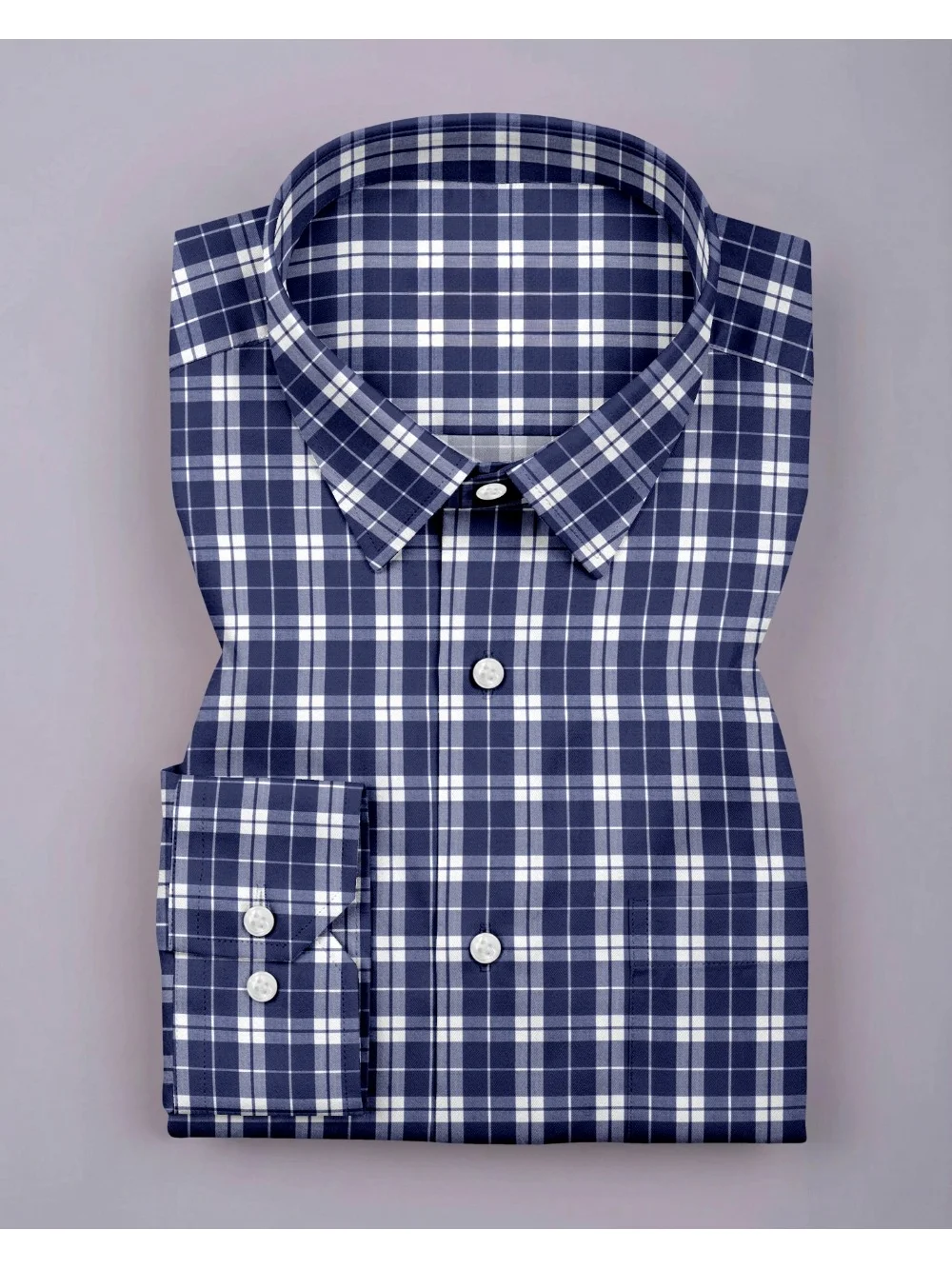Blue, white and grey plaid shirt, folded, collar, buttons, pocket visible