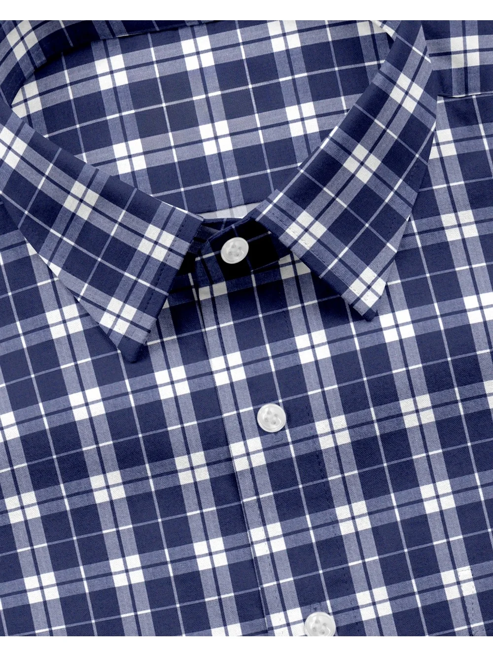 Blue, white and light blue plaid shirt, collar and buttons visible, close-up