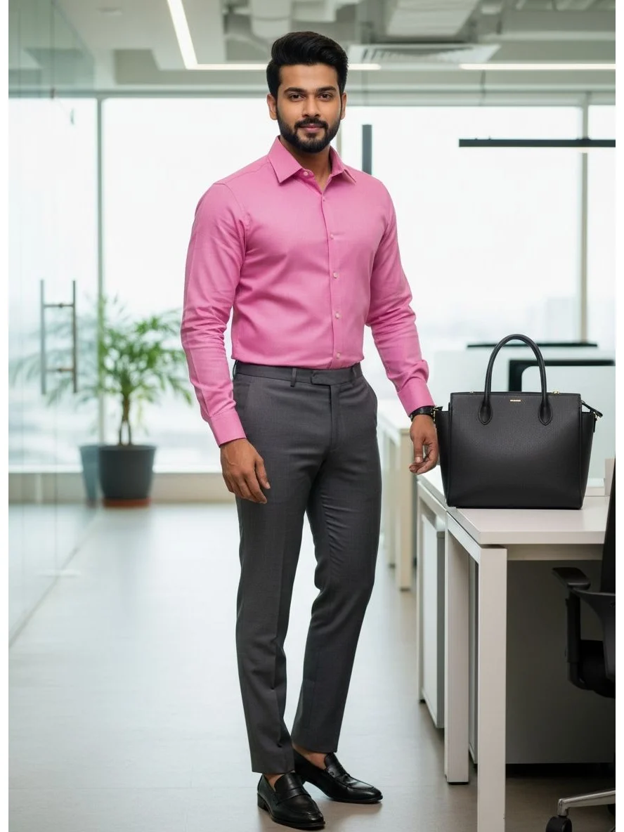 Model wearing a pink long-sleeve shirt with a spread collar, button-down front, and grey trousers