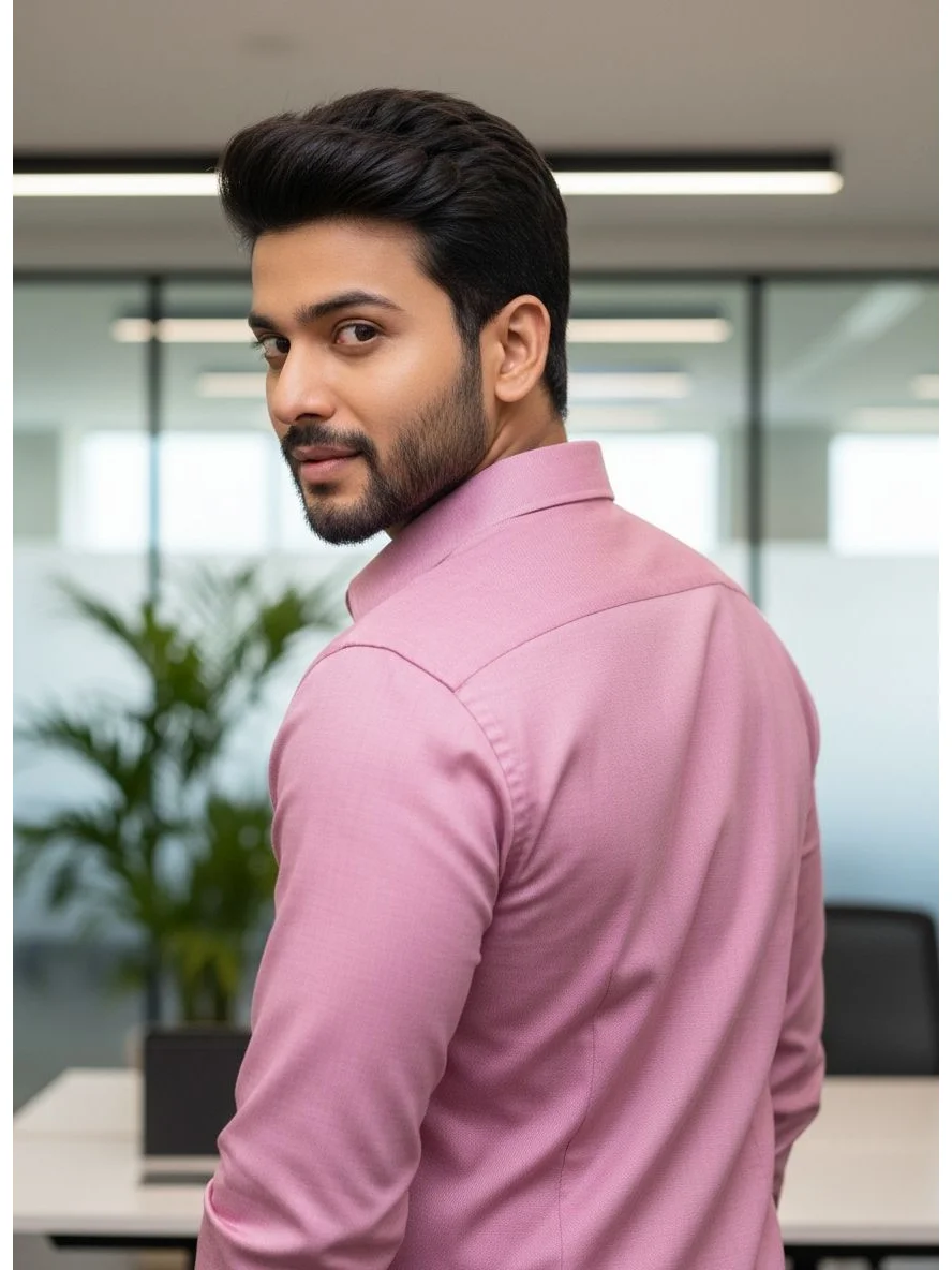 Mauve long-sleeve shirt on a model, back view with head turned