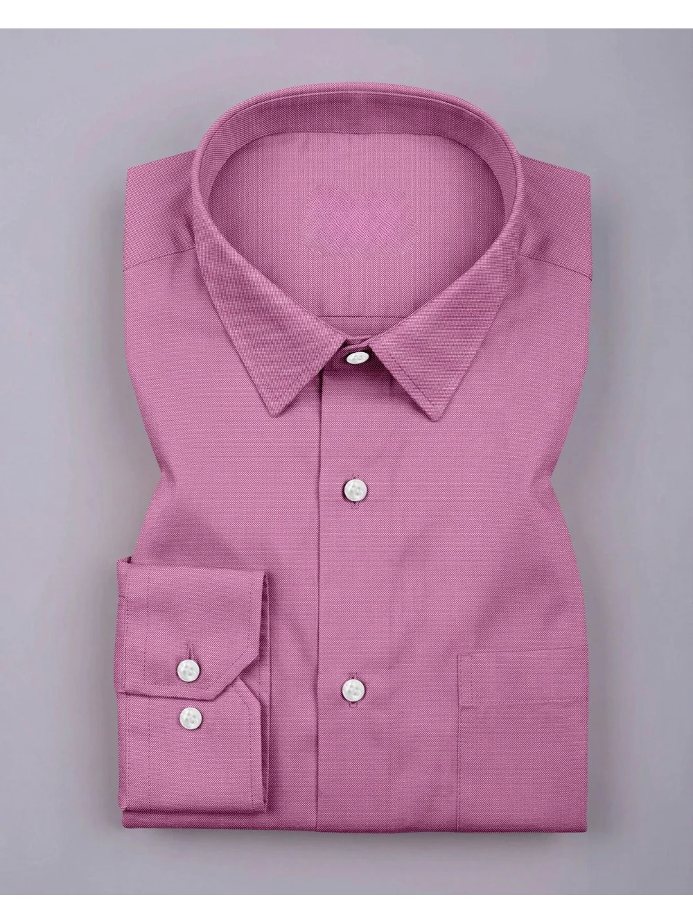 Folded mauve long-sleeve shirt with pointed collar, front buttons, and a chest pocket