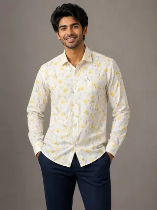 Cotton Blend Abstract Printed Regular Fit Shirt in White & Yellow