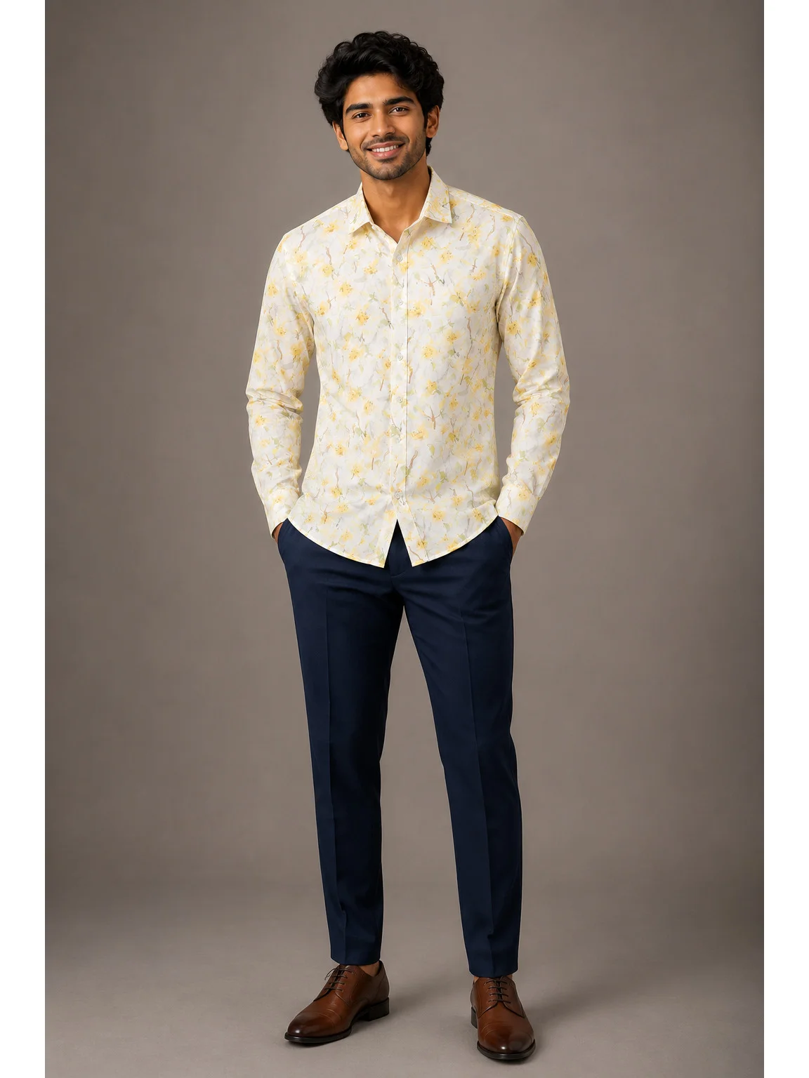Long sleeve shirt, white with yellow pattern, collar, buttoned front, worn by a model