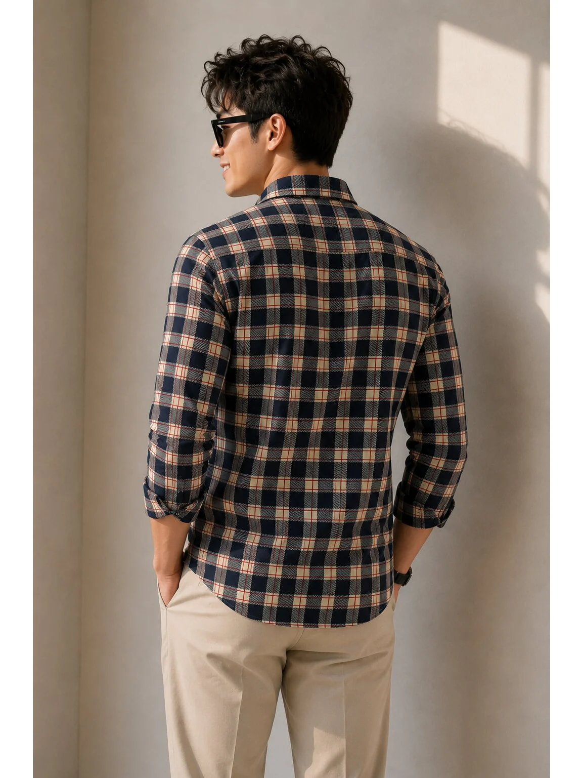 Long sleeve shirt, black, beige and red check, back view, worn by a model