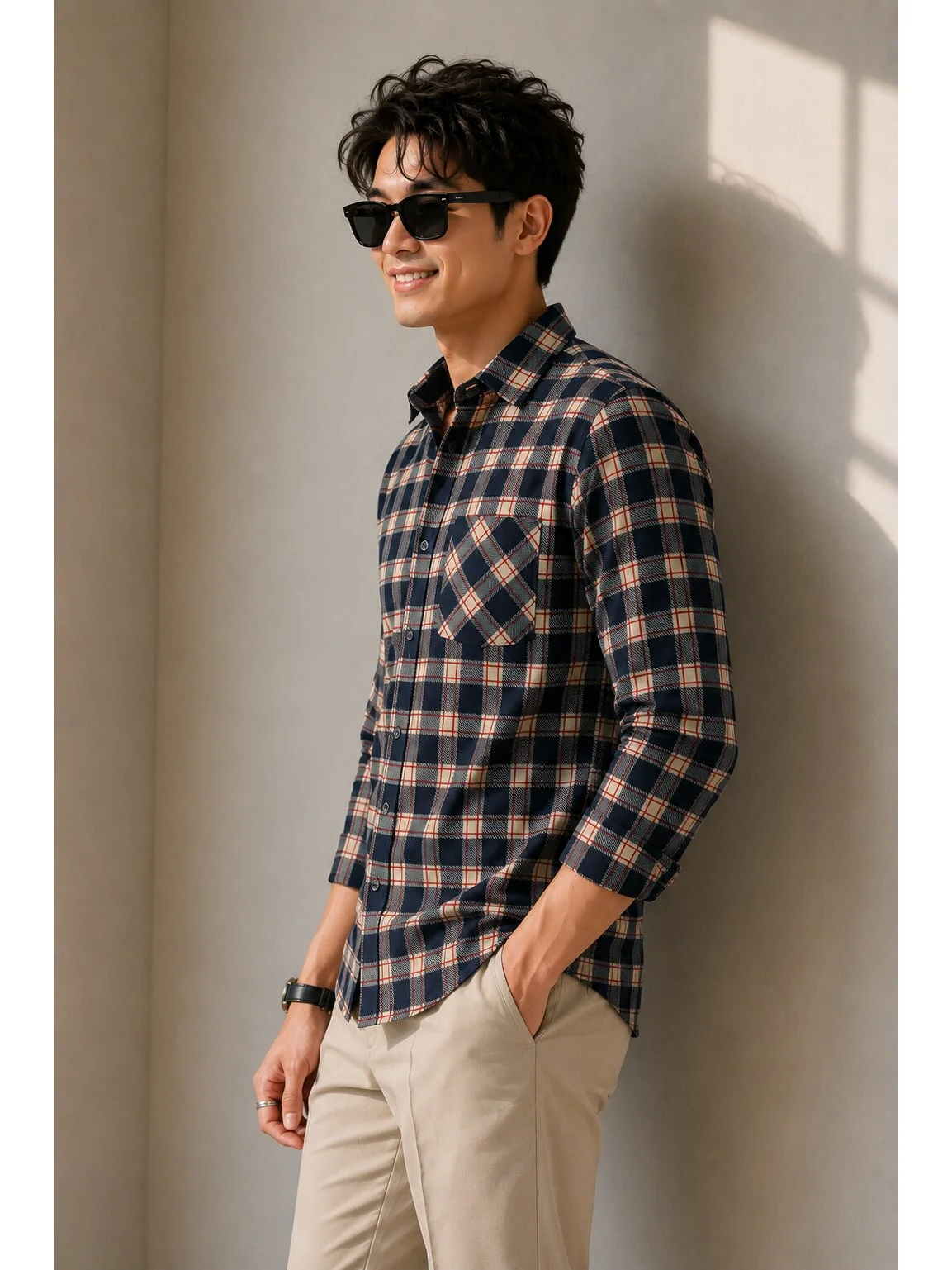 Long sleeve shirt, black, beige & red check, collar, buttons, one pocket visible, worn by a model
