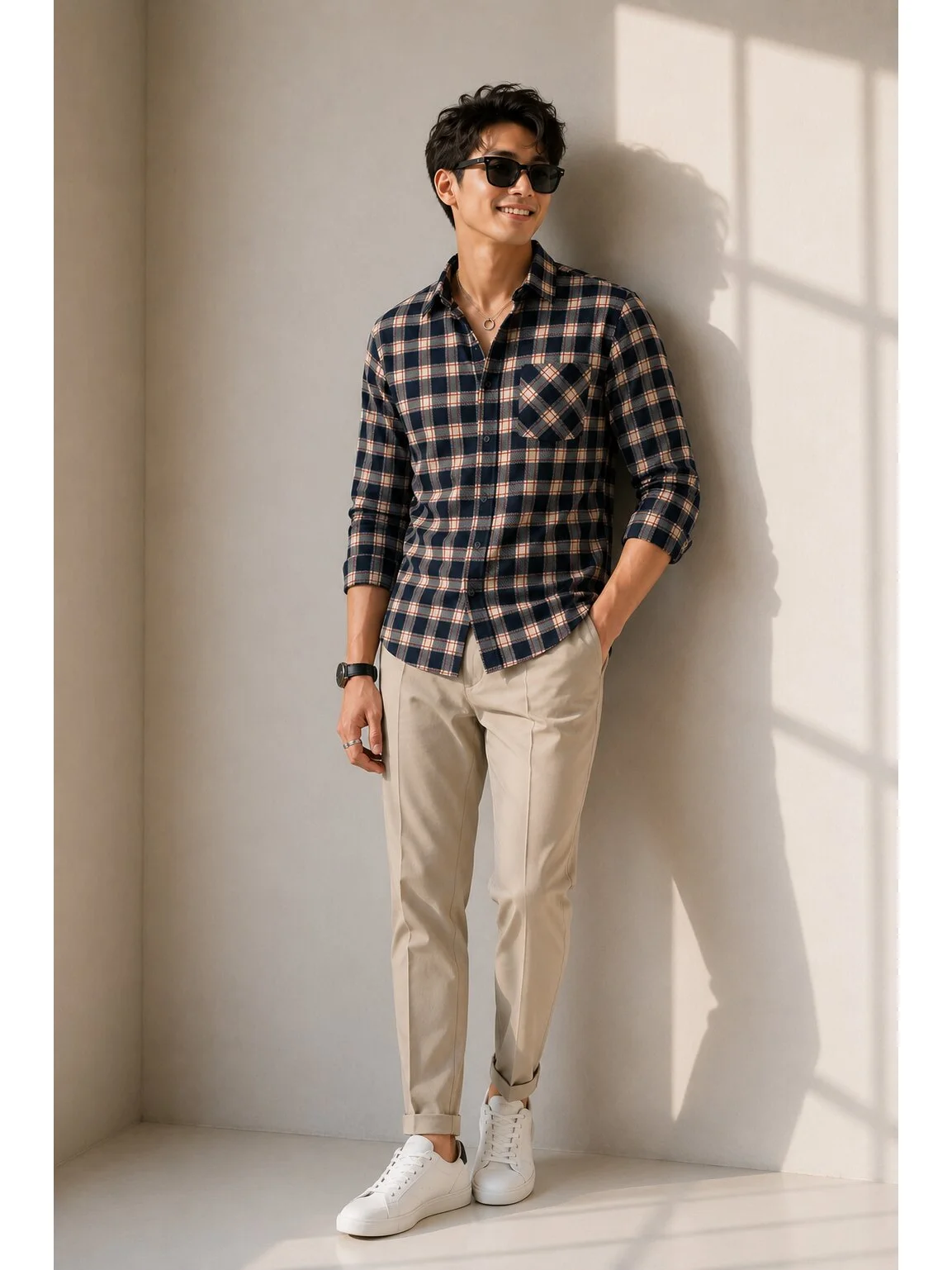 Long sleeve shirt, black, beige & red check, collar, buttons, chest pocket, worn by a model