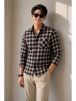 Linen Blend Checkered Regular Fit Shirt in Charcoal Black, Beige & Red