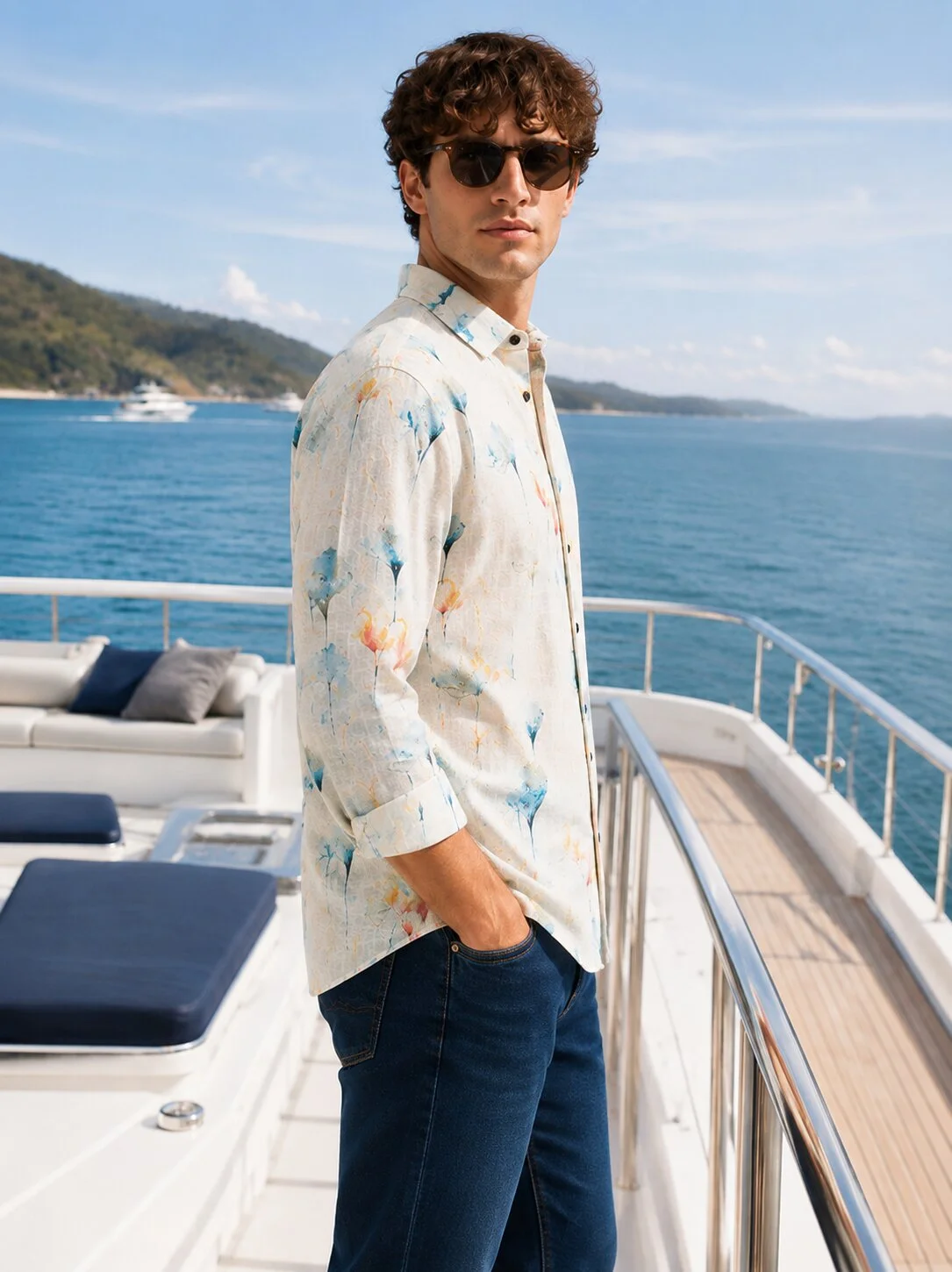 Long sleeve shirt, white with multicolour pattern, worn by a model