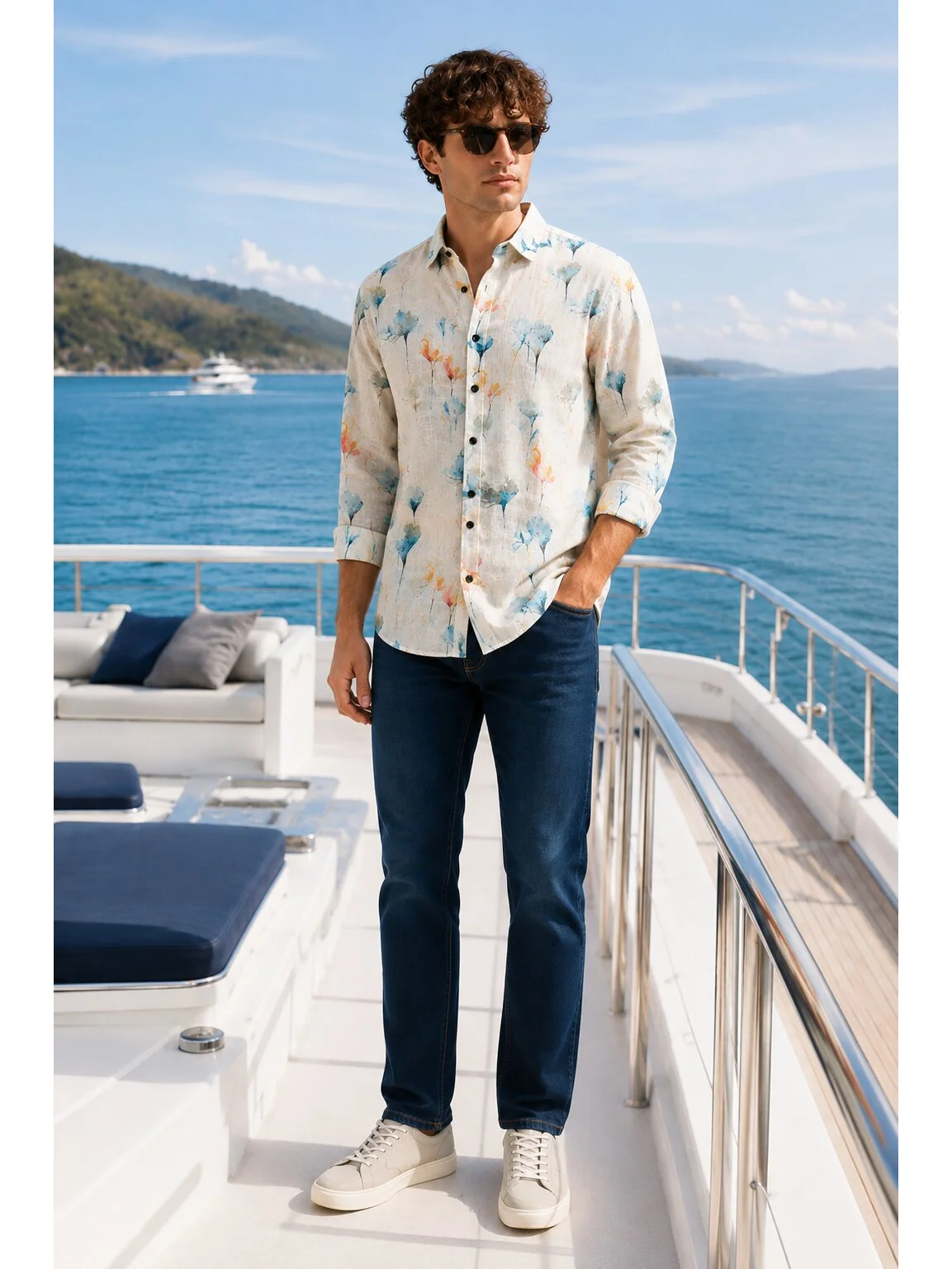 Long sleeve shirt, off-white with blue, orange, yellow floral print, worn by a model