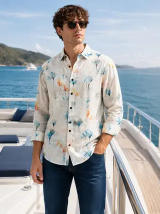 Linen Blend Checkered Regular Fit Shirt in Off White & Royal Blue