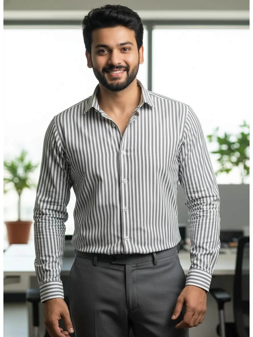 Grey and white striped shirt, worn by a model, collar spread, buttons fastened, long sleeves