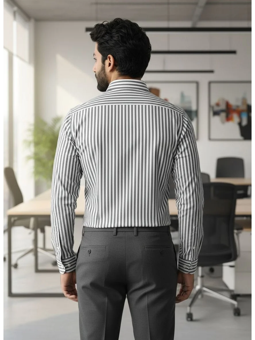 Grey and white striped shirt, back view, collar, long sleeves, worn by a model