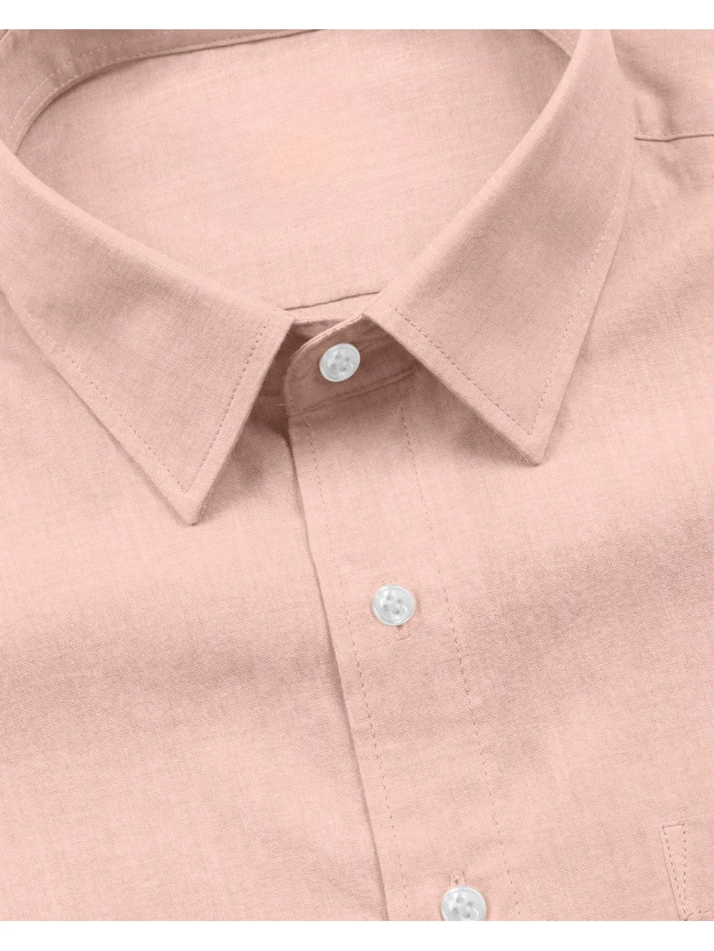 Pink shirt, collar and buttons visible, close-up view