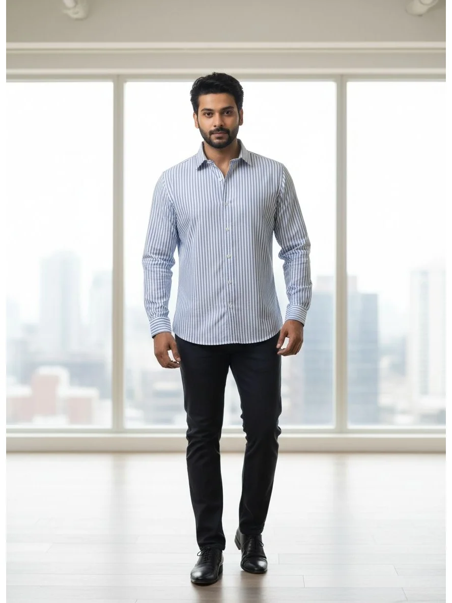 Blue and white striped shirt, long sleeves, collar, buttoned front, worn by a model