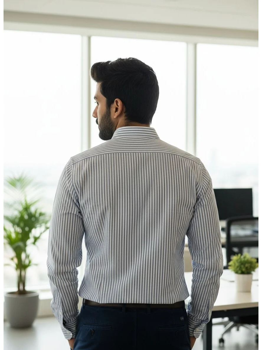 Striped shirt, back view, worn by a model, long sleeves
