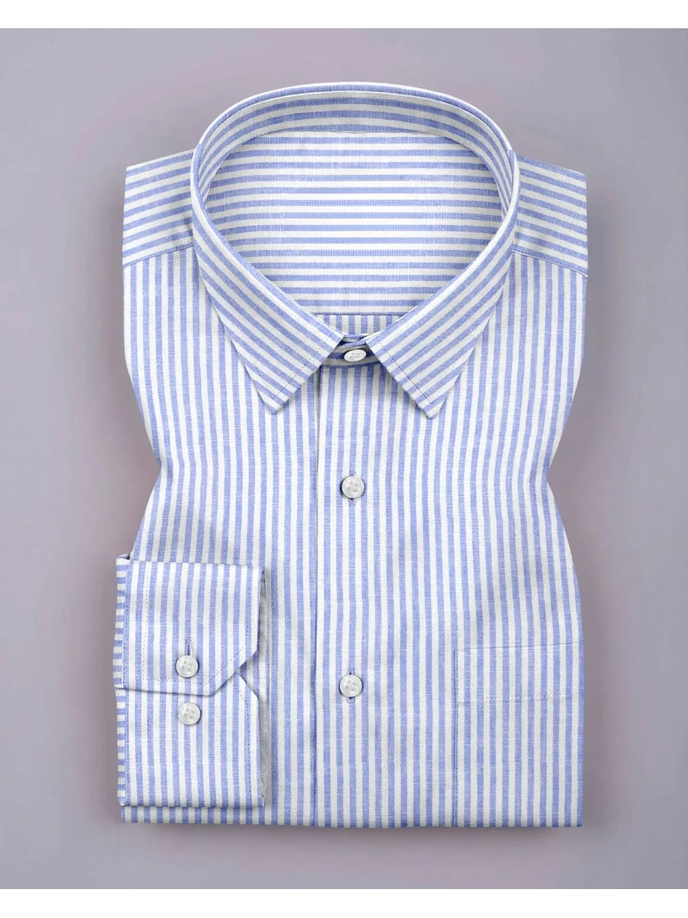 Blue and white striped shirt, folded, collar, buttons, pocket visible