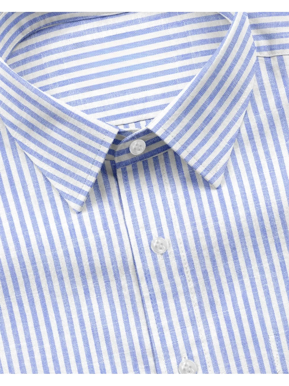 Blue and white striped shirt, collar and buttons visible, close-up