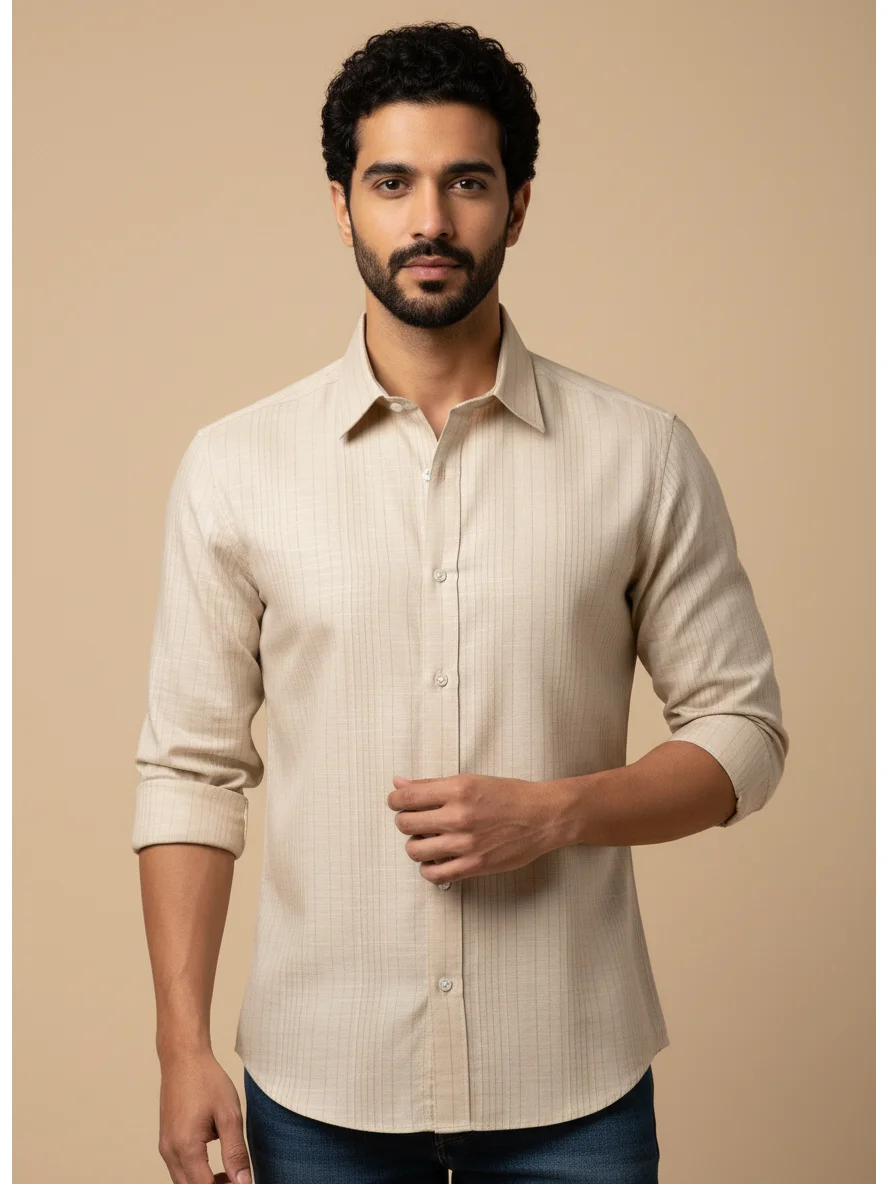 Beige striped shirt, front view, worn by a model, collar, buttons, rolled sleeves