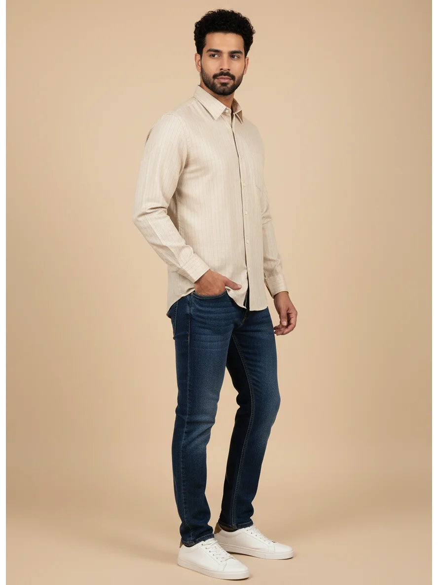 Beige striped shirt, collar, long sleeves, buttons, pocket on chest, worn by a model