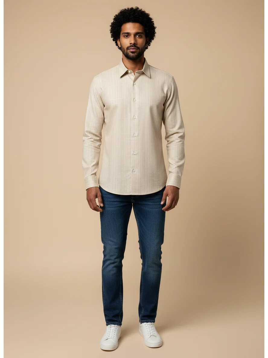 Beige striped shirt, long sleeves, collar, buttons, worn by a model