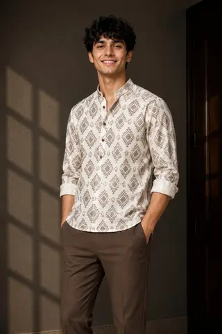 Linen Blend Abstract Print Regular Fit Shirt in Off White & Taupe