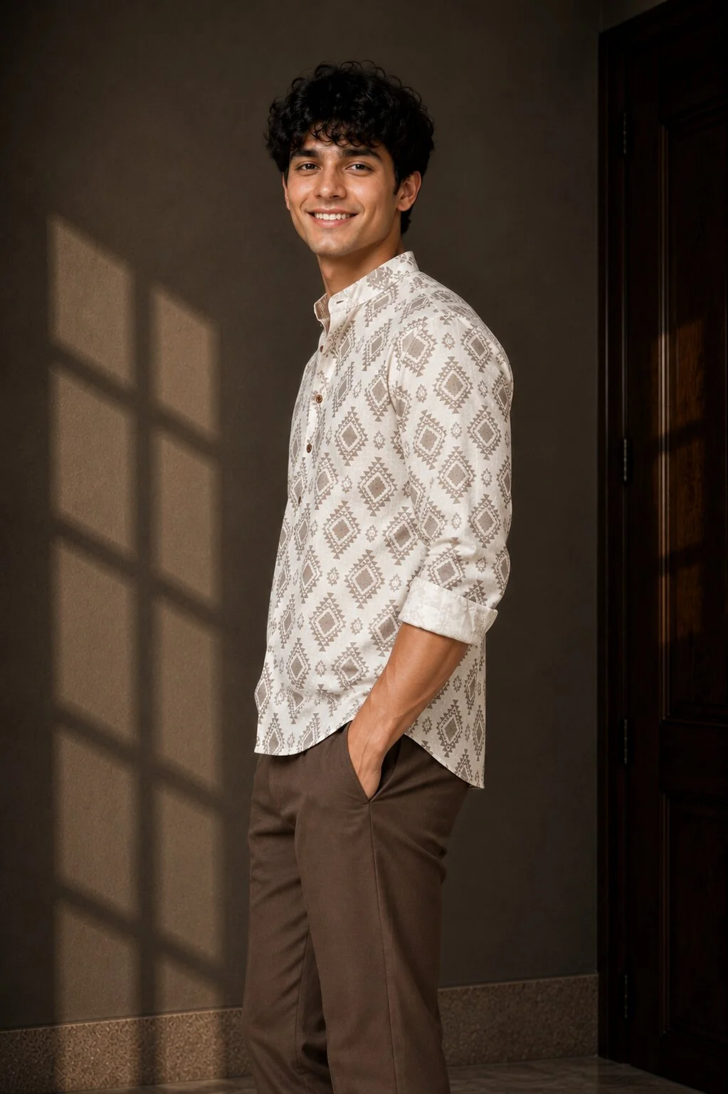 Off-white and taupe patterned shirt, worn by a model, front view, rolled sleeves, mandarin collar, buttons