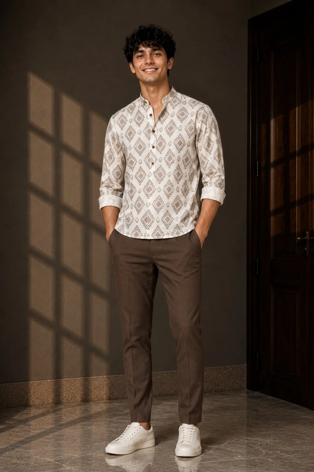 Long sleeve shirt, off-white and taupe, diamond pattern, worn by a model