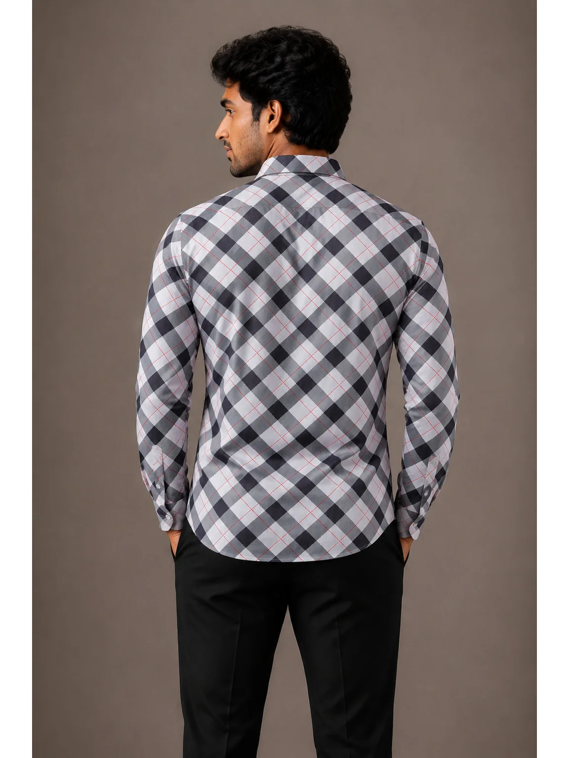 Long sleeve shirt, white, black and red check, back view, worn by a model
