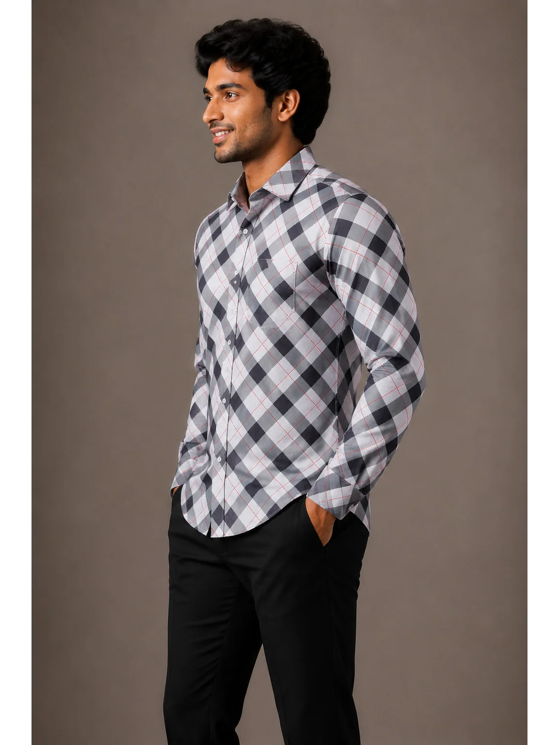 Long sleeve shirt, white and black checkered with red lines, collar, buttons, chest pocket, worn by a model