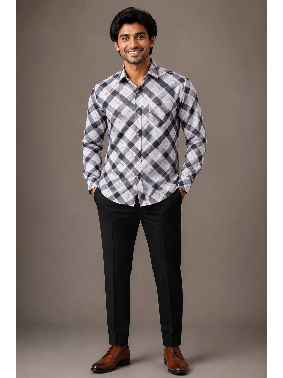 Long sleeve shirt, white and black checkered with red lines, collar, buttons, worn by a model