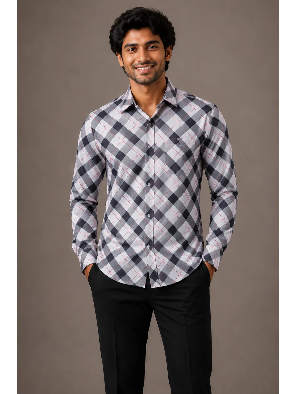 Long sleeve shirt, black and white check pattern with thin red lines, collar, buttons, chest pocket, worn by a model